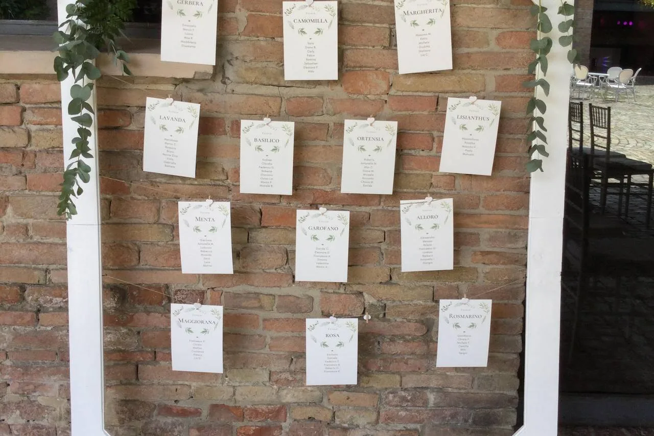 Tableau de mariage con cartoncini su una parete di mattoni e ghirlanda di verde